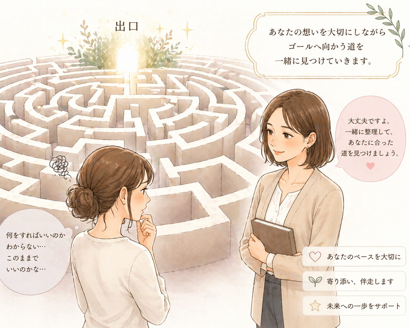 迷路の出口が見つからず立ち止まるお客様と、それを優しく見守るカウンセラーのイラスト