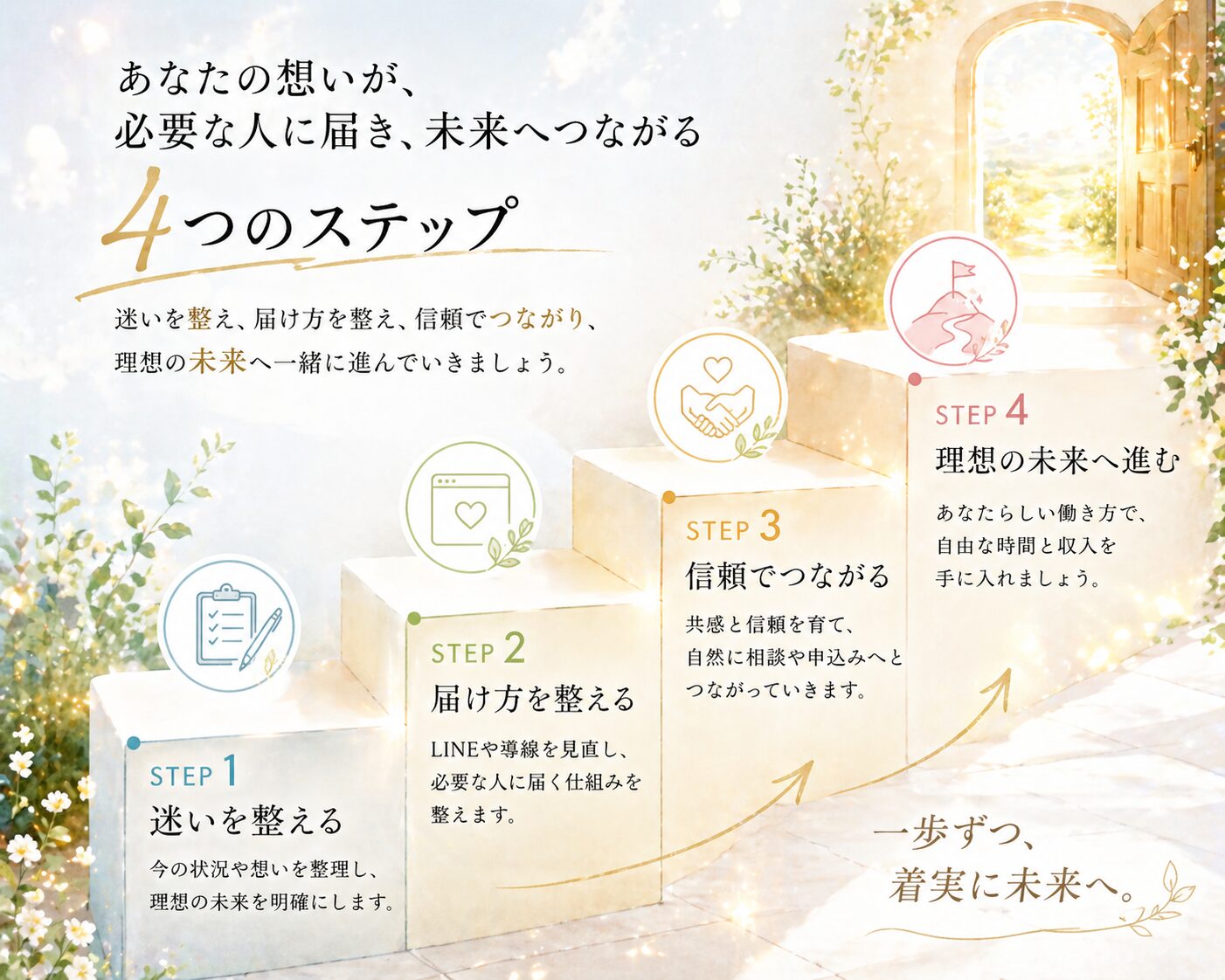 STEP1からSTEP4までが明るい階段のように表現された、美しくワクワクするステップ図解